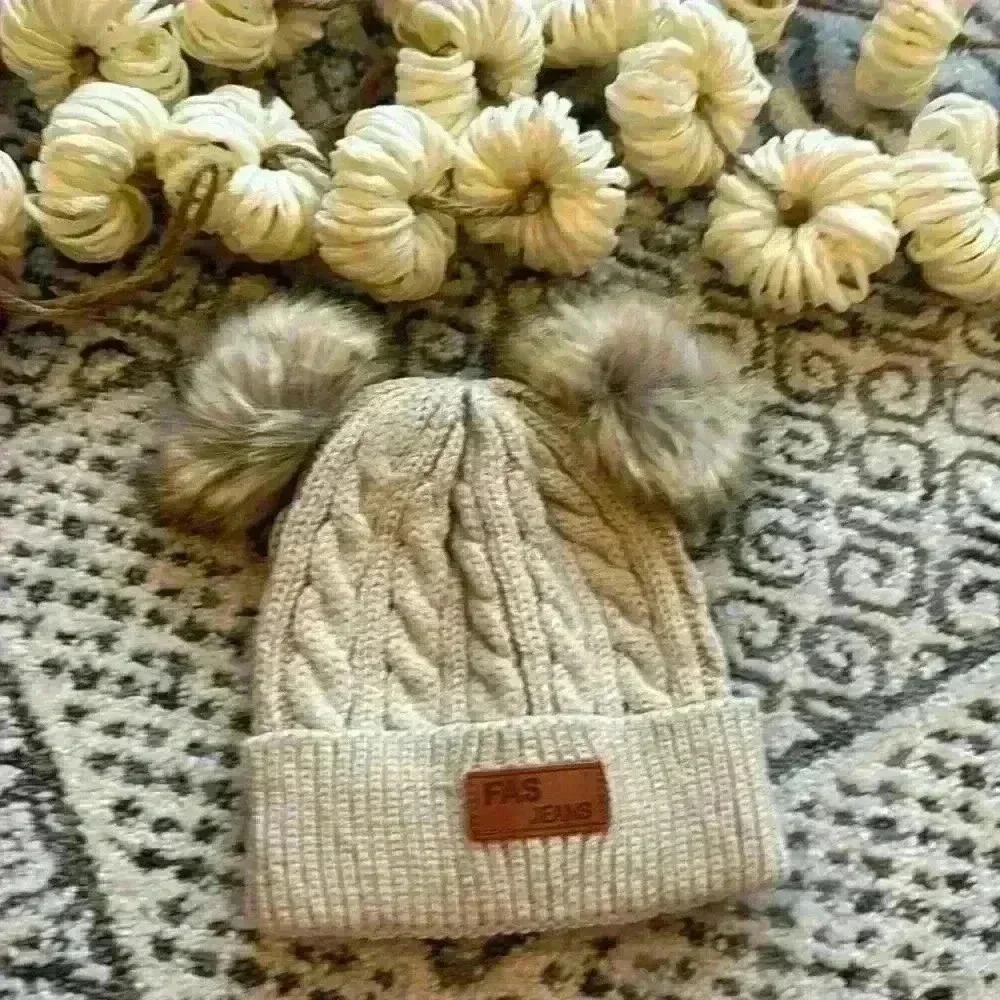 Knit tan hat with faux fur Pom Poms